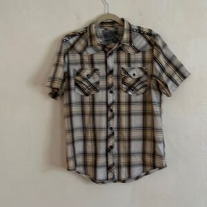 RERUN Cotton Blend Plaid Short Sleeve Button Down Western Shirt Size M